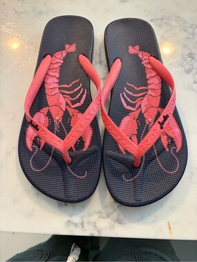 Joules Navy Flip Flops with Coral Pink Lobster Detail